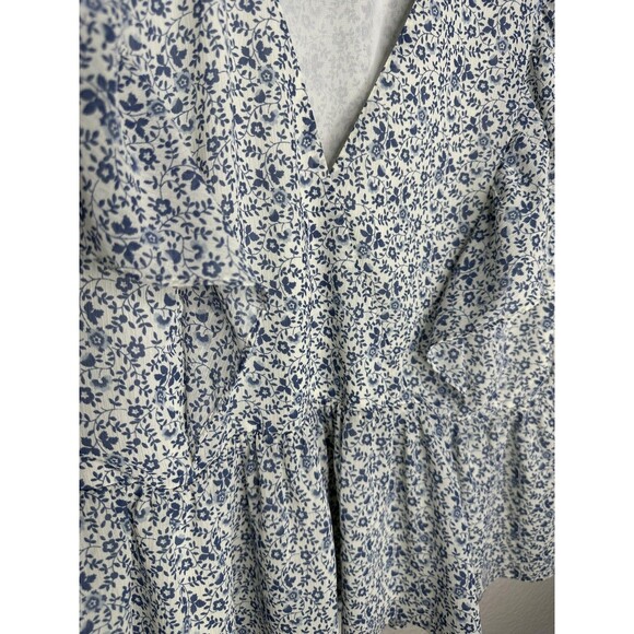 Madewell Shirt Womens Large Floral V Neck Peplum Short Sleeve Casual Blue White - Picture 2 of 5